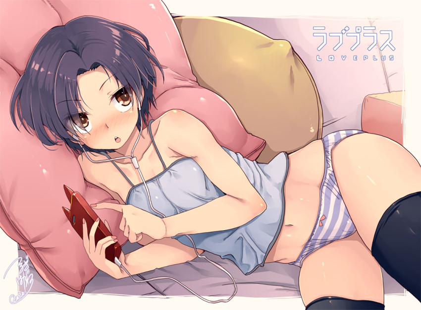 black_hair blush brown_eyes headphones kobayakawa_rinko logo love_plus panties phone short_hair signed striped_panties thighhighs tsurugi_hagane underwear waifu2x