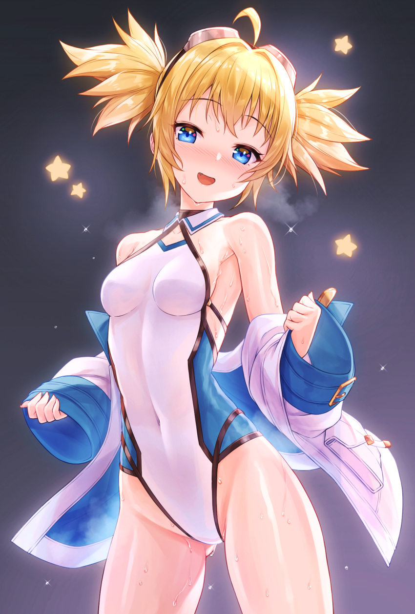 1girl :d ahoge ass_visible_through_thighs bangs bare_shoulders blonde_hair blue_eyes blue_jacket blue_swimsuit blush breasts casual_one-piece_swimsuit character_name collarbone commentary_request covered_navel eyebrows_visible_through_hair eyewear_on_head fang goggles goggles_on_head gradient gradient_background granblue_fantasy grey_background highres jacket long_sleeves looking_at_viewer nose_blush off_shoulder one-piece_swimsuit open_mouth pengy_(granblue_fantasy) pinching_sleeves short_hair sleeves_past_wrists small_breasts smile solo standing star_(symbol) starry_background sweat swimsuit tomo_(user_hes4085) twintails white_jacket white_swimsuit