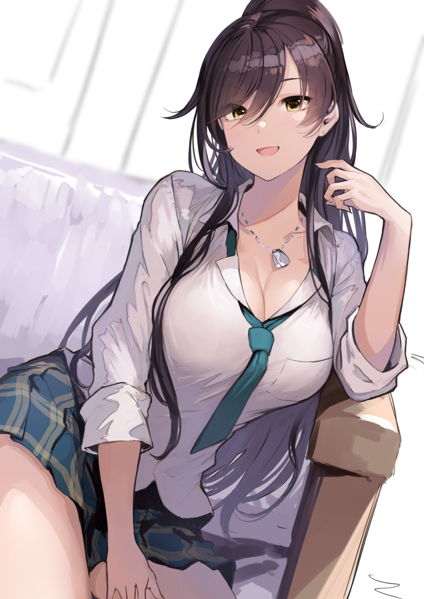 1girl :d black_hair breasts cleavage commentary_request couch dog_tags dress_shirt earrings green_neckwear hair_between_eyes high_ponytail highres idolmaster idolmaster_shiny_colors jewelry koruse large_breasts looking_at_viewer loose_necktie miniskirt necklace necktie open_mouth plaid plaid_skirt pleated_skirt ponytail school_uniform shirase_sakuya shirt sitting skirt sleeves_rolled_up smile thighs yellow_eyes