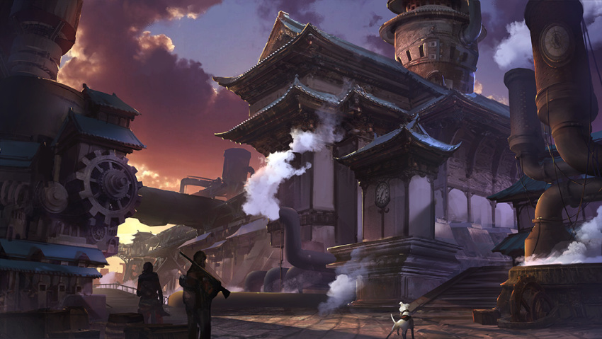 ambiguous_gender architecture barrel building cable clock cloud dog east_asian_architecture from_behind gears gun original pipes rifle scaffolding scenery sky stairs steam steampunk tower twilight weapon xian_yueyueyue