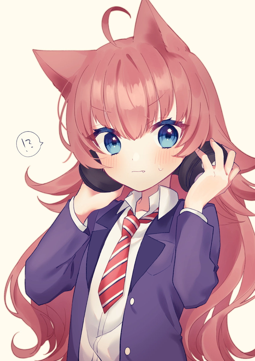 !? 1girl absurdres ahoge animal_ears bang_dream! bangs blazer blue_eyes blush cat_ears chu2_(bang_dream!) collared_shirt fang hair_flaps hands_on_headphones headphones headphones_around_neck highres hinakano_h jacket kemonomimi_mode long_hair long_sleeves looking_at_viewer necktie red_hair red_neckwear school_uniform shirt simple_background solo spoken_interrobang striped striped_neckwear sweatdrop tan_background upper_body