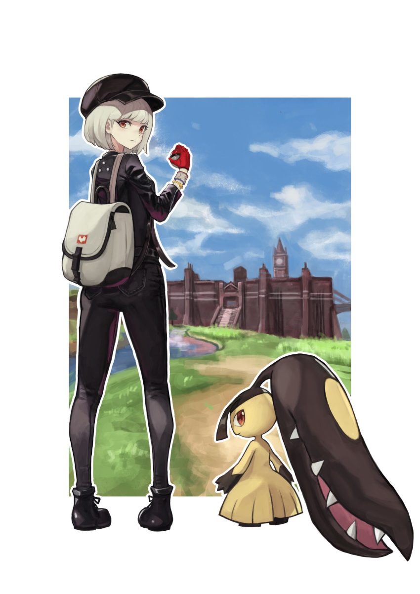 1girl ankle_boots backpack bag black_footwear black_headwear black_pants blue_sky boots bracelet closed_mouth cloud day gen_3_pokemon gloves grass hand_up hat highres holding holding_poke_ball jewelry legs_apart long_sleeves looking_at_viewer looking_back mawile orange_eyes outline pants poke_ball poke_ball_(generic) pokemon pokemon_(creature) pokemon_(game) pokemon_swsh red_gloves seiya_(artist) short_hair silver_hair sky stairs standing white_outline yuuri_(pokemon)