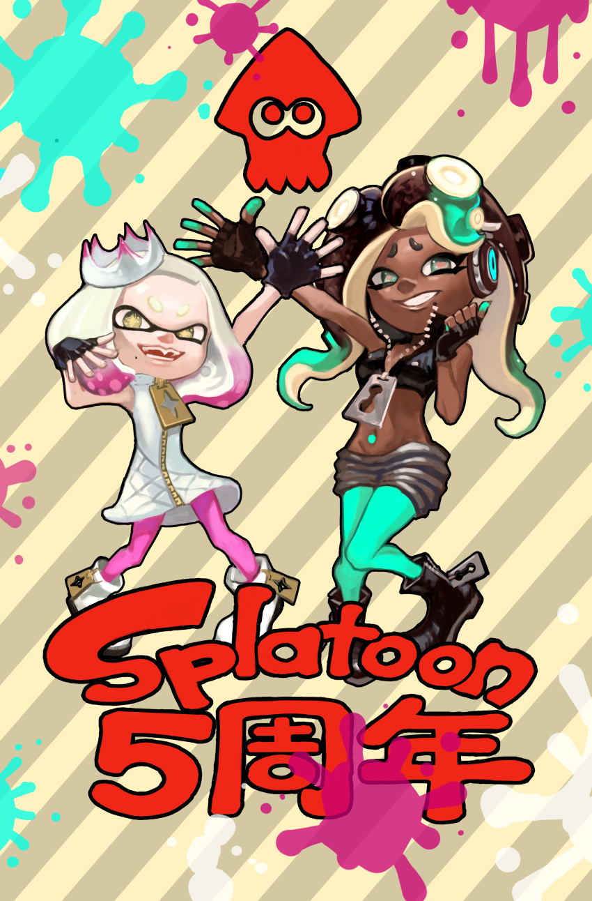 +_+ 2girls :d absurdres anniversary aqua_eyes aqua_hair aqua_legwear aqua_skin arm_up black_footwear black_gloves black_hair boots dark_skin domino_mask dress fingerless_gloves furrowed_eyebrows gloves gradient_hair grey_shorts grin groin hand_up headphones highres hime_(splatoon) horizontal_pupils iida_(splatoon) legwear_under_shorts mask mole mole_under_mouth multicolored multicolored_hair multicolored_skin multiple_girls navel_piercing octarian open_mouth paint_splatter pantyhose piercing pink_hair pink_legwear pink_pupils seiya_(artist) short_hair shorts sleeveless sleeveless_dress smile splatoon_(series) splatoon_2 squid striped striped_background suction_cups teeth tentacle_hair two-tone_hair two-tone_skin white_dress white_footwear white_hair zipper zipper_pull_tab