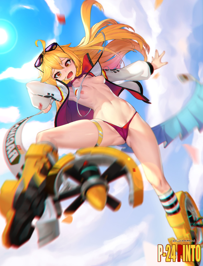 1girl absurdres ahoge artist_name blonde_hair breasts character_name day fang highres last_origin outdoors p-24_pinto panties pjman red_eyes red_panties skin_fang sky small_breasts solo sunglasses underwear wardrobe_malfunction wavy_mouth