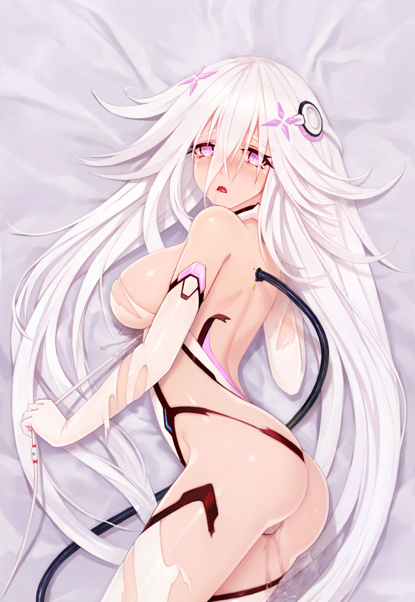 1girl absurdres android bangs bare_shoulders blush breasts cable dakimakura detached_collar elbow_gloves from_above gloves hair_between_eyes headgear highleg highleg_leotard highres large_breasts leotard long_hair low_twintails lying on_side open_mouth pink_eyes pussy_juice revealing_clothes saliva sky_diver_xipuria solo strapless strapless_leotard tears thighhighs torn_clothes twintails very_long_hair white_gloves white_hair white_legwear white_leotard zhuore_zhi_hen