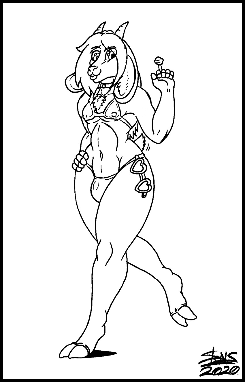 anthro bikini black_border border bovid bulge candy caprine choker clothed clothing crossdressing eyewear food girly goat hair hi_res hooves horn jewelry lollipop long_ears long_hair looking_at_viewer male mammal monochrome navel necklace nipple_outline sandy_ramirez skianous smile solo sunglasses swimwear trap_(disambiguation) tuft