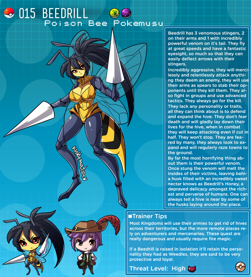 2020 alternate_species animal_humanoid arthropod beedrill black_hair breasts cleavage clothed clothing digital_media_(artwork) english_text female flying hair hi_res humanoid humanoidized hymenopteran insect insect_wings kinkymation long_hair looking_at_viewer nintendo pok&eacute;mon pok&eacute;mon_(species) pok&eacute;mon_humanoid pok&eacute;morph ponytail red_eyes simple_background solo_focus text video_games wings yellow_body yellow_skin