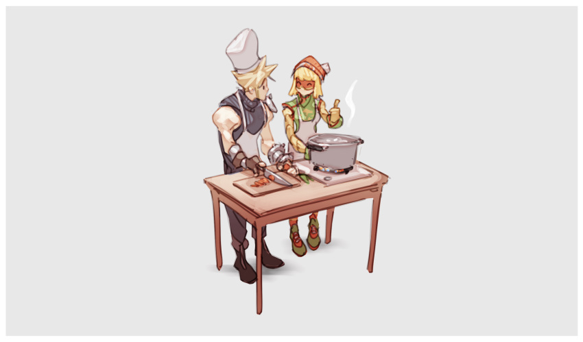 1boy 1girl ^_^ apron arms_(game) beanie black_shirt blonde_hair chef_hat closed_eyes cloud_strife cooking cutting_board final_fantasy final_fantasy_vii grey_background hat highres knife mask min_min_(arms) nin_nakajima orange_headwear pot shirt short_hair simple_background sleeveless spiked_hair super_smash_bros. table thumbs_up toque_blanche turtleneck