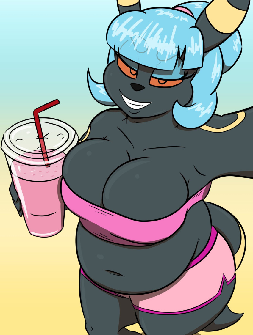 americananomaly_(artist) anthro belly beverage black_body black_fur blue_hair bottomwear breasts clothing eeveelution female fur hair hi_res holding_object looking_at_viewer milkshake nintendo overweight overweight_female pants pok&eacute;mon pok&eacute;mon_(species) ponytail simple_background smile solo teeth thick_thighs umbreon video_games