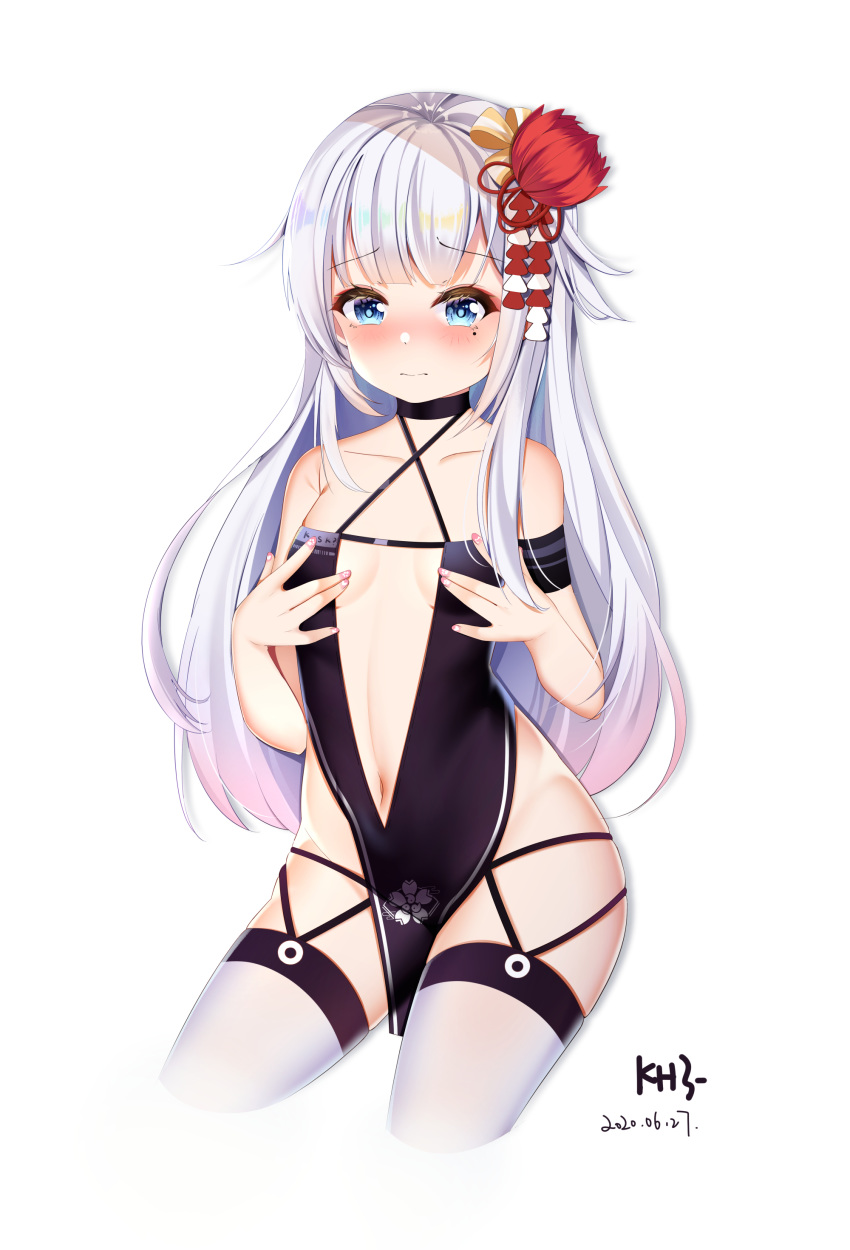 1girl absurdres azur_lane bangs bare_shoulders black_dress blue_eyes blush breasts closed_mouth collarbone cropped_legs dated dress eyebrows_visible_through_hair groin hair_ornament hands_up highres long_hair medium_breasts miaoguujuun_qvq mole mole_under_eye nail_polish navel nose_blush pelvic_curtain pink_nails shoukaku_(azur_lane) shoukaku_(sororal_wings)_(azur_lane) signature silver_hair simple_background sitting solo thighhighs very_long_hair white_background white_legwear