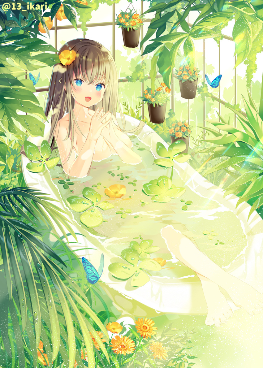 1girl :d animal bangs barefoot bath bathing bathtub blue_butterfly blue_eyes blush breasts brown_hair bug butterfly collarbone commentary_request eyebrows_visible_through_hair flower flower_on_liquid flower_pot hair_between_eyes hair_flower hair_ornament hands_up highres ikari_(aor3507) indoors insect large_breasts long_hair looking_at_viewer open_mouth orange_flower original partially_submerged smile solo steepled_fingers twitter_username water
