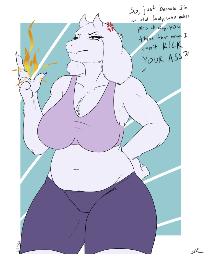 angry anthro boss_monster bottomwear bovid bra caprine clothing dialogue english_text female fire hi_res horn jeffthehusky mammal mature_female mother muscular muscular_female parent red_eyes shorts slightly_chubby solo sports_bra sportswear text thick_thighs toriel undertale underwear video_games