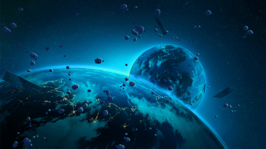 blue_theme earth highres kyarage_(soda) no_humans original satellite scenery sky space star_(sky)