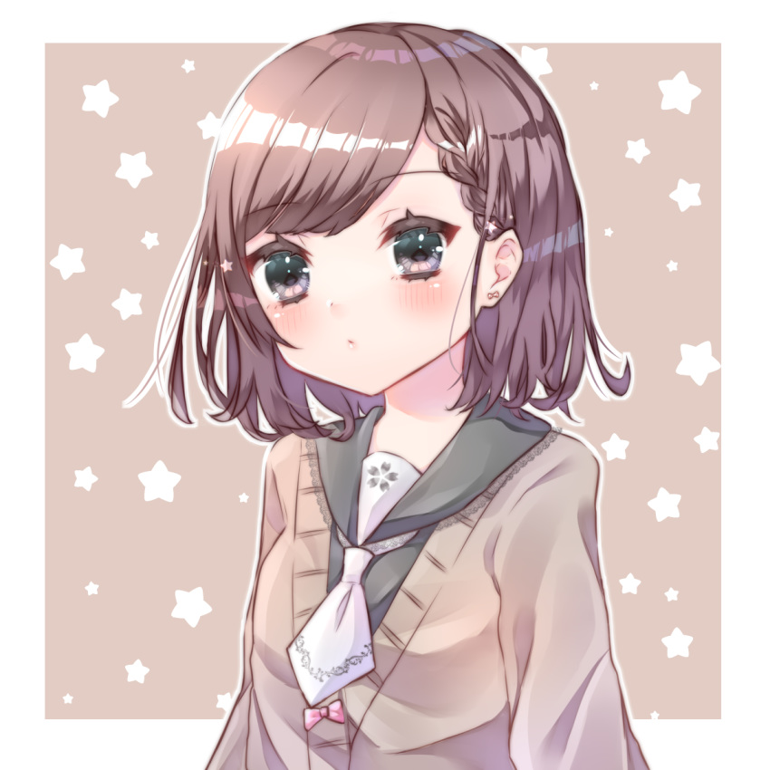 1girl bangs blush bow braid brown_background brown_cardigan brown_hair cardigan closed_mouth commentary_request earrings eyebrows_visible_through_hair grey_eyes grey_sailor_collar grey_shirt highres jewelry lace-trimmed_sailor_collar lace_trim original pink_bow sailor_collar school_uniform serafuku shirt solo starry_background two-tone_background upper_body white_background white_neckwear yuu_(ayatakasan)