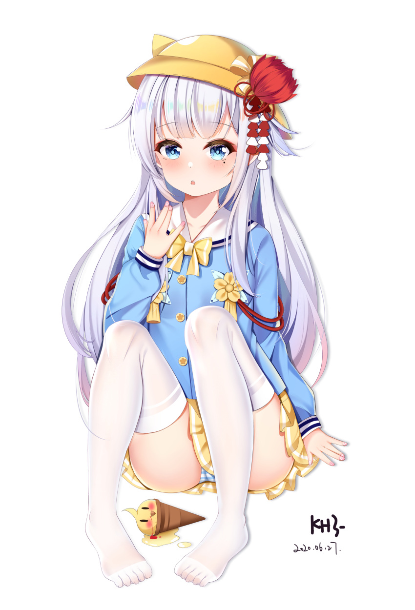 1girl absurdres azur_lane bangs blue_eyes blue_shirt blush bow dated eyebrows_visible_through_hair food full_body hand_up hat highres ice_cream ice_cream_cone kindergarten_uniform knees_up long_hair long_sleeves looking_at_viewer manjuu_(azur_lane) miaoguujuun_qvq mole mole_under_eye no_shoes panties parted_lips pigeon-toed pleated_skirt sailor_collar school_hat shirt shoukaku_(azur_lane) signature silver_hair simple_background skirt solo spill striped striped_panties thighhighs underwear very_long_hair white_background white_legwear white_sailor_collar yellow_bow yellow_headwear yellow_skirt