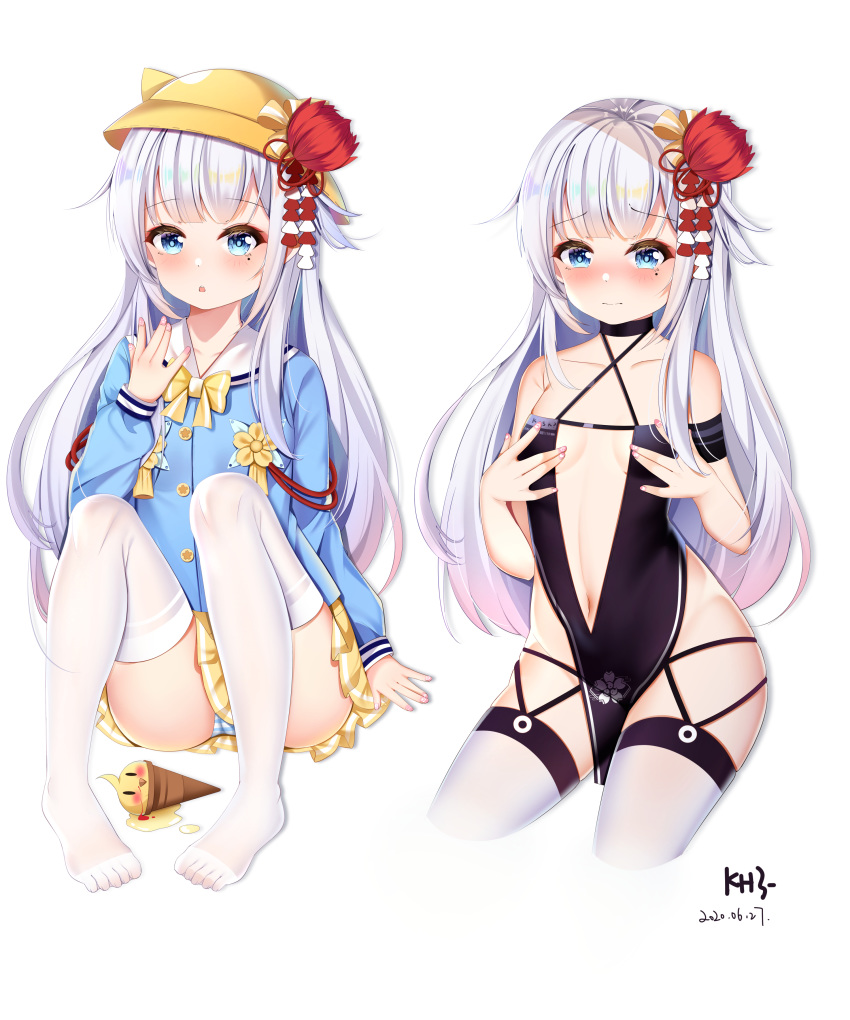 1girl absurdres azur_lane bangs bare_shoulders black_dress blue_eyes blue_shirt blush bow breasts closed_mouth collarbone commentary_request cropped_legs dress eyebrows_visible_through_hair food groin hair_ornament hand_up hands_up hat highres ice_cream ice_cream_cone kindergarten_uniform knees_up long_hair long_sleeves looking_at_viewer manjuu_(azur_lane) medium_breasts miaoguujuun_qvq mole mole_under_eye multiple_views nail_polish navel no_shoes nose_blush panties parted_lips pelvic_curtain pigeon-toed pink_nails pleated_skirt sailor_collar school_hat shirt shoukaku_(sororal_wings)_(azur_lane) silver_hair simple_background sitting skirt spill striped striped_panties thighhighs underwear very_long_hair white_background white_legwear white_sailor_collar yellow_bow yellow_headwear yellow_skirt zuikaku_(azur_lane)