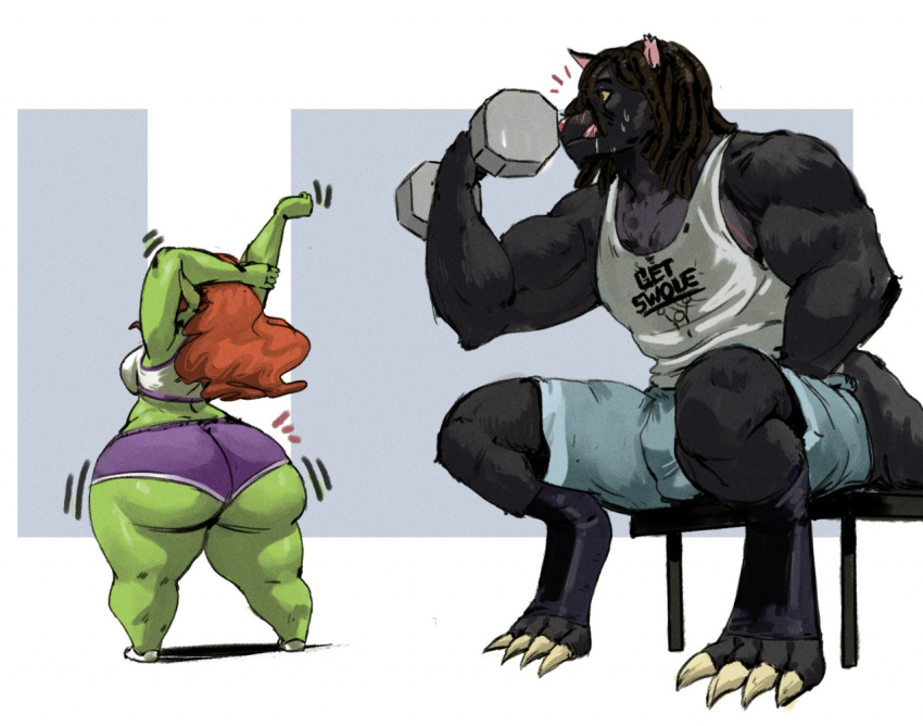 anthro breasts canid canine canis dumbbell duo exercise female goblin humanoid larger_male male mammal muscular muscular_male redfred short_stack size_difference smaller_female thick_thighs weightlifting weights wolf workout