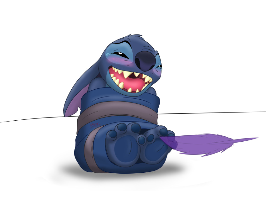 absurd_res alpha_channel black_eyes blue_body blue_fur blue_pawpads blush bodily_fluids chaos99 claws disney foot_fetish fur hi_res laugh lilo_and_stitch male_(lore) open_mouth pawpada pawpads paws purple_inner_ear sharp_teeth stitch_(lilo_and_stitch) tears teeth tickling tickling_feet toe_claws tongue