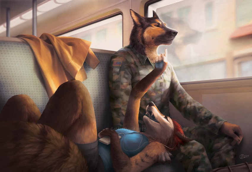 2020 5_fingers anthro army brown_body brown_fur canid canine clothed clothing day digital_media_(artwork) duo female fingers fox fur goldendruid inside male mammal military military_uniform officer open_mouth sitting stars_and_stripes teeth tongue uniform united_states_of_america window