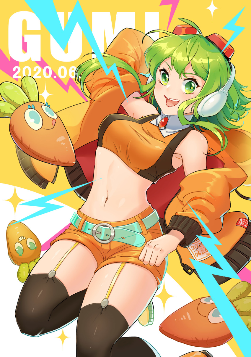 1girl 2020 absurdres arm_at_side arm_behind_head arm_up armpits bare_shoulders belt black_legwear breasts character_name collared_crop_top crop_top dated dot_nose feet_out_of_frame food_themed_pillow garter_straps goggles goggles_on_headwear green_eyes green_hair gumi hair_between_eyes happy headphones highres impossible_clothes jacket jumping laura19960605 lightning_bolt medium_breasts midriff navel open_clothes open_jacket open_mouth orange_background orange_footwear orange_jacket orange_shorts shiny shiny_clothes shiny_hair shiny_legwear short_hair short_hair_with_long_locks short_shorts shorts smile solo sparkle sparkle_background stuffed_carrot stuffed_toy teeth thighhighs toy two-tone_background upper_teeth v-shaped_eyebrows very_short_hair vocaloid white_background zettai_ryouiki