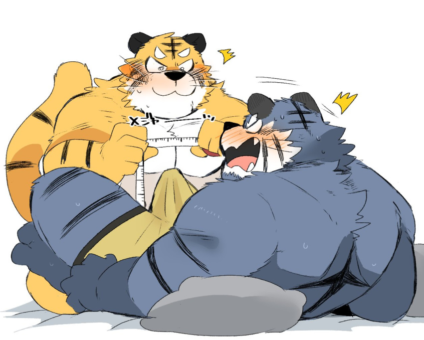 2020 anthro black_nose blush bulge clothing duo erection erection_under_clothing felid humanoid_hands hyaku_(artist) kemono male male/male mammal overweight overweight_male pantherine tiger underwear