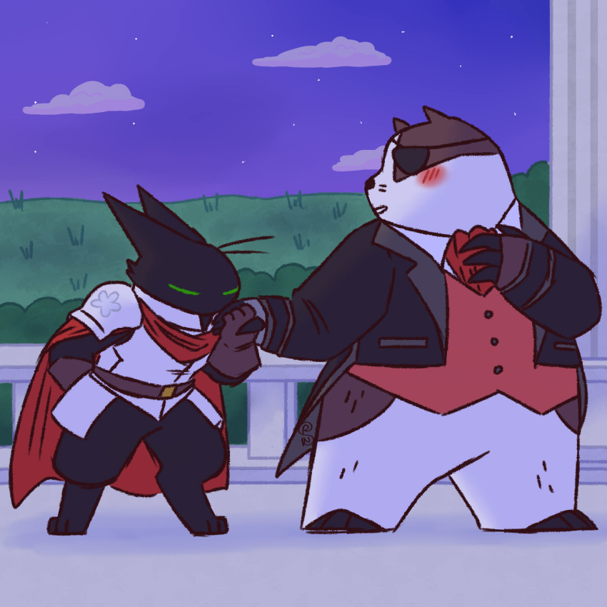 1:1 1_eye anthro armor badger badgerclops balcony black_body black_fur black_tie_(suit) blush cartoon_network clothing cybernetics cyborg digitigrade duo eye_patch eyewear fur hi_res kissing_hand machine male male/male mammal mao_mao:_heroes_of_pure_heart missing_arm mustelid musteline overweight overweight_male shapeshiftinterest suit