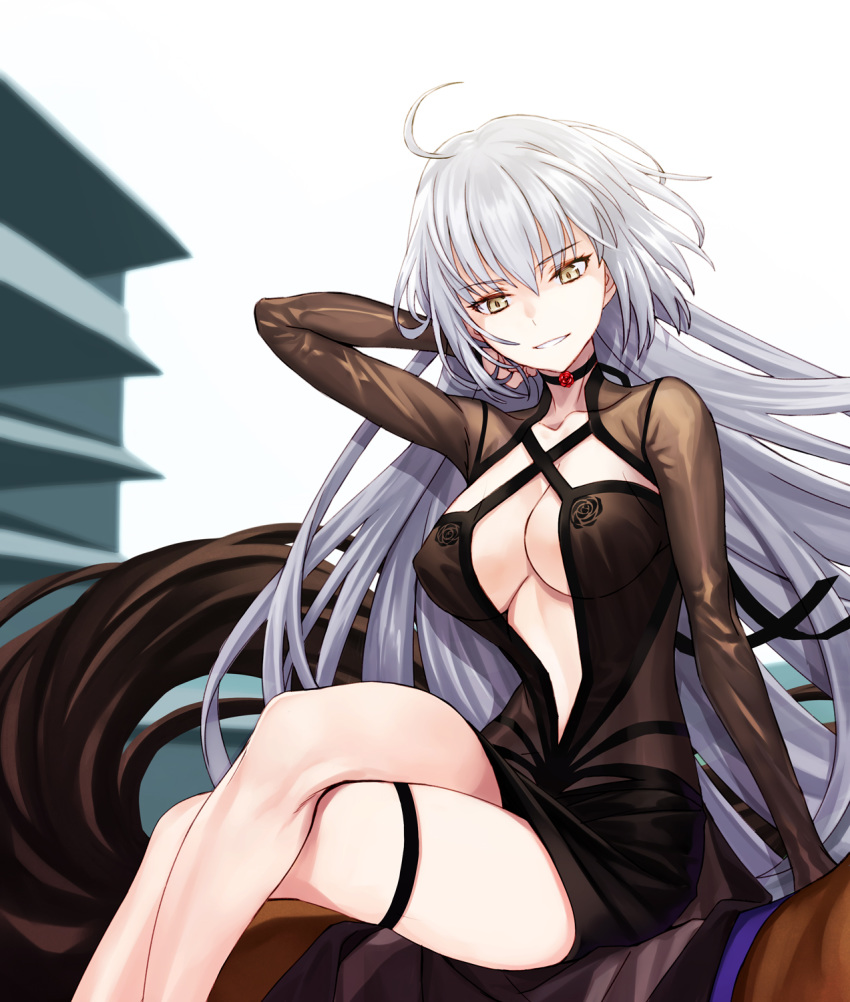 1girl ahoge arm_behind_head arm_up bangs black_dress breasts center_opening choker cleavage collarbone crossed_legs dress fate/grand_order fate_(series) highres jeanne_d'arc_(alter)_(fate) jeanne_d'arc_(fate)_(all) large_breasts long_hair long_sleeves looking_at_viewer matsuryuu silver_hair sitting smile thighhighs thighs very_long_hair yellow_eyes