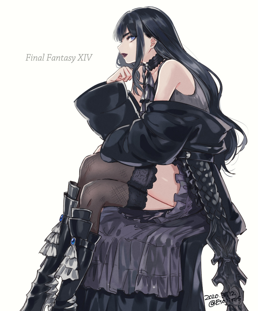 1girl 2020 bangs bare_shoulders black_choker black_coat black_footwear black_hair blue_eyes boots choker coat copyright_name crossed_legs dated dress final_fantasy final_fantasy_xiv fishnet_legwear fishnets from_side gaia_(ff14) gothic grey_dress grey_legwear hand_up highres hyur knee_boots lipstick long_hair long_sleeves makeup minatsuki_(lapislazzuli169) off-shoulder_coat off_shoulder open_clothes open_coat parted_lips purple_lipstick short_dress simple_background sitting sleeveless sleeveless_dress solo thick_eyebrows thighhighs thighs twitter_username white_background