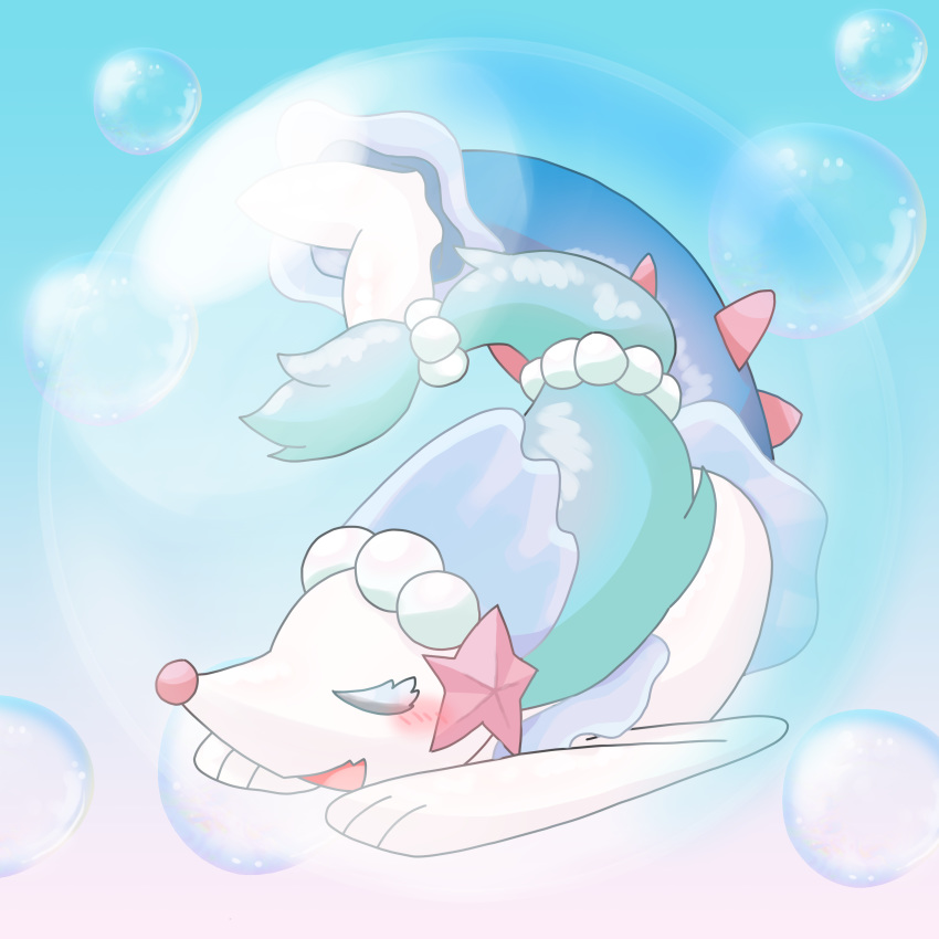 1:1 absurd_res accessory ambiguous_gender asterozoan blue_background blue_body blue_hair blush bubble chibi echinoderm eyelashes fangs gem hair hair_accessory hi_res marine merfolk nintendo open_mouth pearl_(gem) pok&eacute;mon pok&eacute;mon_(species) primarina simple_background spikes starfish starfish_(accessory) video_games white_body