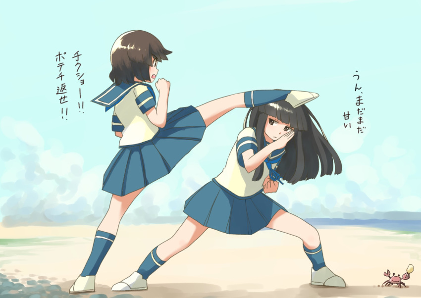 2girls bangs black_hair blue_legwear blue_sailor_collar blue_skirt blunt_bangs brown_eyes brown_hair commentary_request crab dodging hatsuyuki_(kantai_collection) highres hime_cut kantai_collection kicking long_hair miyuki_(kantai_collection) multiple_girls pleated_skirt sailor_collar school_uniform serafuku short_hair short_sleeves skirt socks toplow translation_request white_footwear