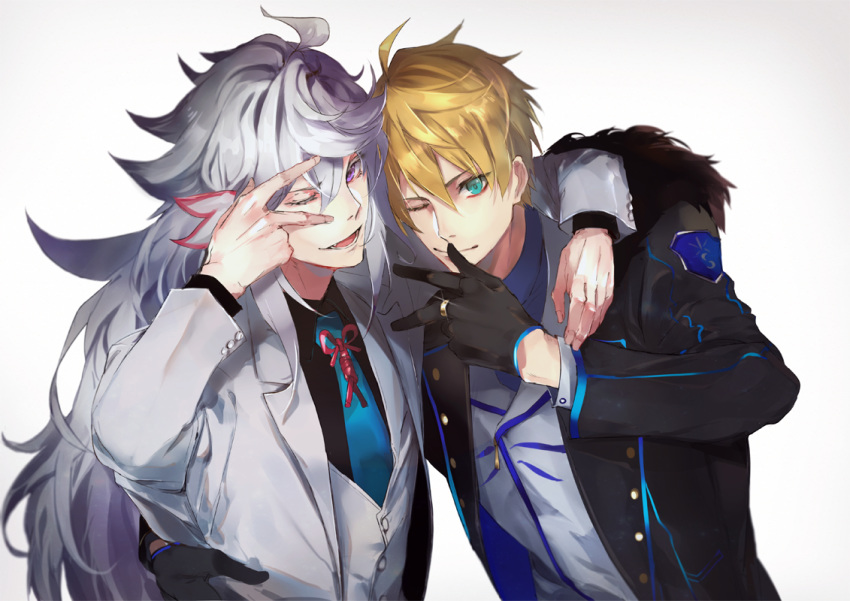 2boys ahoge alternate_costume arm_around_shoulder arthur_pendragon_(fate) bangs blonde_hair blue_neckwear fate/grand_order fate_(series) gloves gradient gradient_background green_eyes hair_between_eyes hand_on_another's_waist head_to_head hood hood_down hoodie jewelry long_hair long_sleeves looking_at_viewer male_focus merlin_(fate) multiple_boys necktie one_eye_closed open_clothes open_hoodie open_mouth purple_eyes pvc_parfait ring shiny shiny_hair smile upper_body very_long_hair vest white_hair