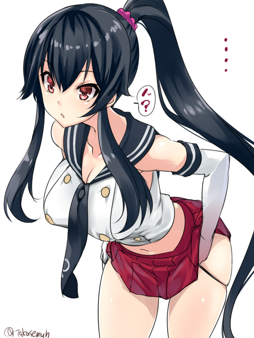 ... 1girl black_hair black_panties black_sailor_collar breasts commentary_request cowboy_shot elbow_gloves gloves highres kantai_collection large_breasts lifted_by_self long_hair midriff navel panties panty_pull pleated_skirt ponytail red_eyes red_skirt sailor_collar sailor_shirt school_uniform scrunchie serafuku shirt sidelocks simple_background skirt skirt_lift sleeveless sleeveless_shirt solo takase_muu underwear white_background white_gloves yahagi_(kantai_collection)