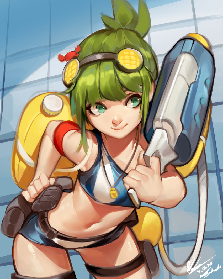 1girl abs absurdres armband armpits artist_name ass_visible_through_thighs belt blue_shirt blue_shorts breasts convenient_censoring cowboy_shot crab_hair_ornament crop_top dated foreshortening goggles goggles_on_head green_eyes green_hair hand_on_hip highres holding holding_water_gun holding_weapon leaning_forward lips looking_to_the_side medibang_paint_(medium) micro_shorts midriff navel nose original outstretched_arm ponytail red_armband shiny shiny_clothes shiny_hair shiny_skin shirt short_hair shorts sidelocks signature sleeveless smile solo striped striped_shirt thigh_strap thighs tight two-tone_shirt two-tone_shorts underboob victor_nguyen_(hoaiartworks) water_gun water_tank weapon whistle whistle_around_neck white_shirt white_shorts