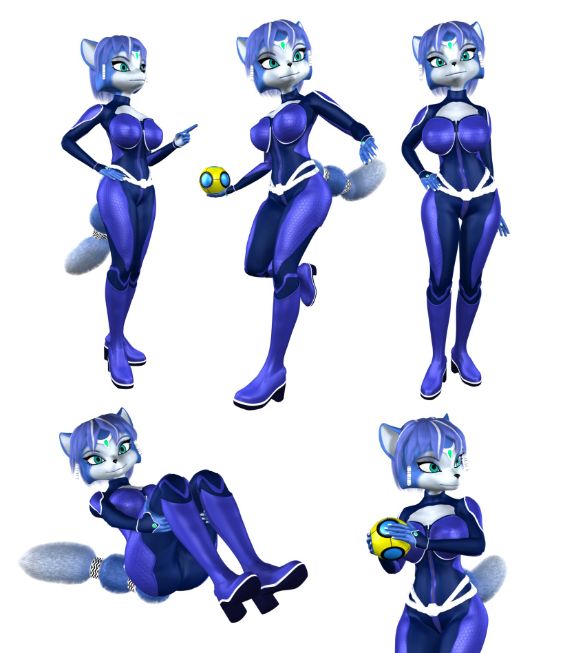 2018 3d_(artwork) anthro blue_body blue_fur bodysuit canid canine clothing collage defaultuser12 digital_drawing_(artwork) digital_media_(artwork) female fox fur green_eyes hair hi_res krystal mammal multicolored_body multicolored_fur nintendo simple_background sitting skinsuit solo star_fox tailband tight_clothing video_games