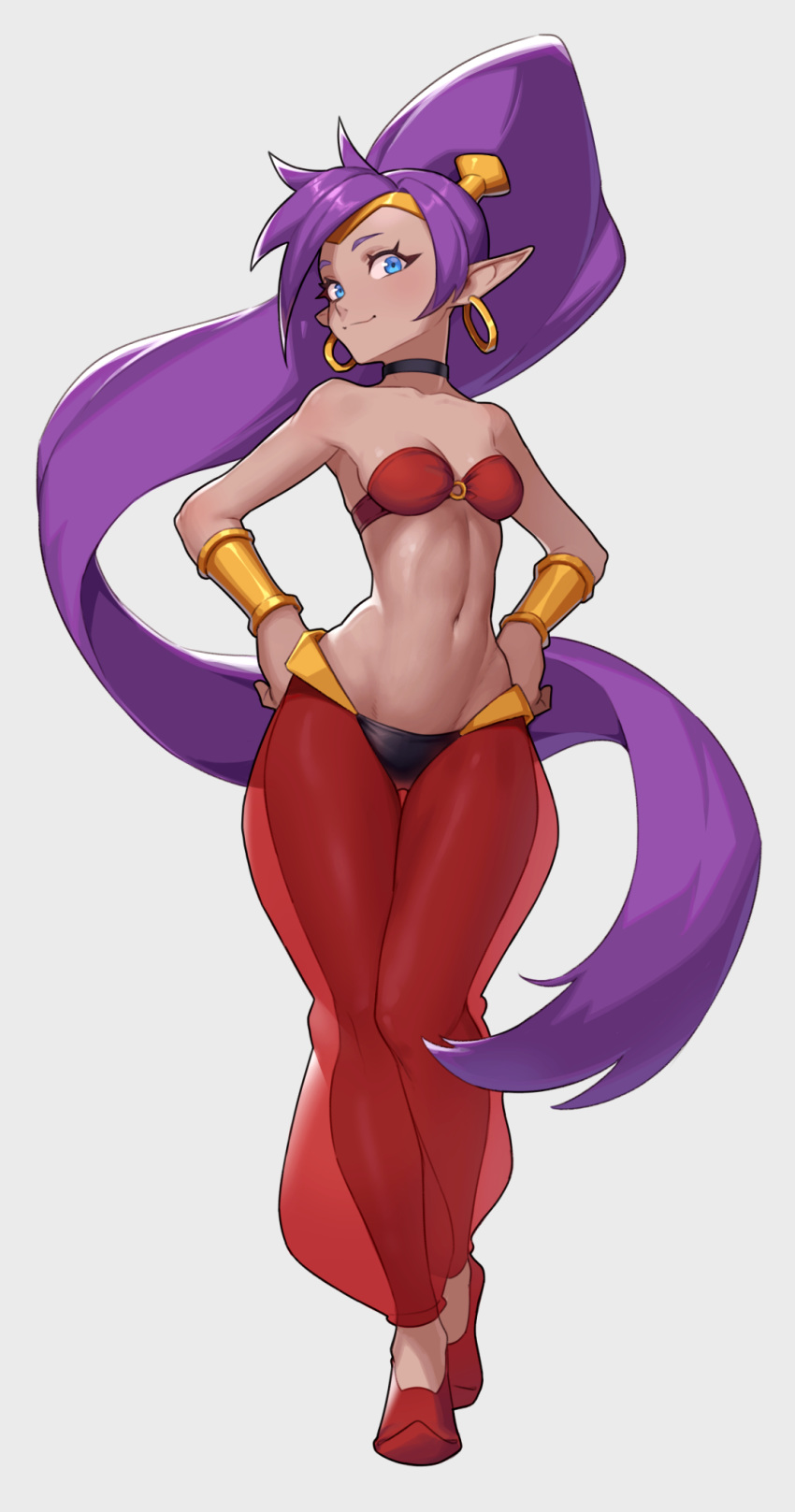 1girl absurdly_long_hair bare_shoulders black_choker blue_eyes breasts cheshirrr choker cleavage commentary dark_skin earrings english_commentary full_body grey_background harem_pants highres hoop_earrings jewelry long_hair looking_at_viewer medium_breasts navel pants pointy_ears ponytail purple_hair red_footwear shantae_(character) shantae_(series) shoes simple_background smile solo tiara very_long_hair