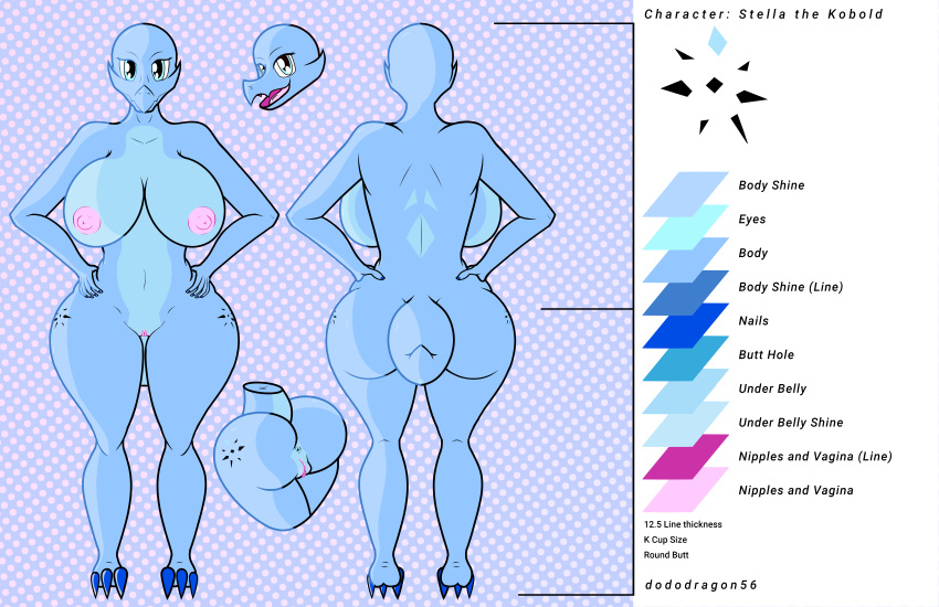 absurd_res anthro anus big_breasts big_butt blue_body blue_eyes breasts butt claws dododragon56 dotted_background english_text feet female front_view genitals hi_res humanoid kobold looking_at_viewer model_sheet nude pattern_background pussy raised_tail rear_view reptile scalie simple_background smile solo stella_(dododragon56) symbol text