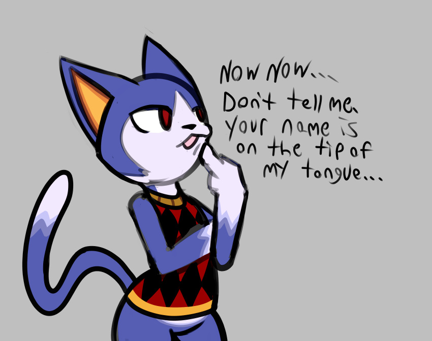 2020 absurd_res animal_crossing anthro blue_body bottomless clothed clothing dialogue domestic_cat english_text featureless_crotch felid feline felis front_view grey_background hi_res looking_aside male mammal nintendo open_mouth prate red_eyes rover_(animal_crossing) simple_background solo standing text video_games