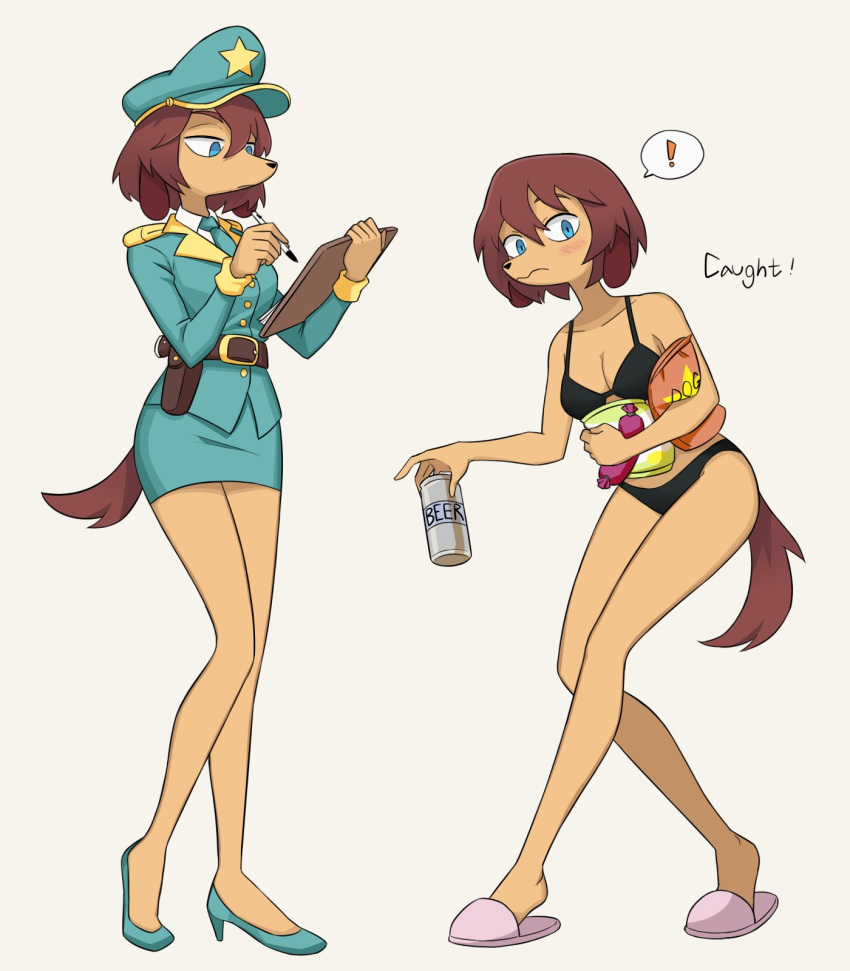 ! 2020 alcohol anthro beer beverage blue_eyes blush bottomwear bra breasts canid canine canis cleavage clipboard clothed clothing domestic_dog female flowerimh footwear hat headgear headwear hi_res high_heels mammal military_uniform miniskirt misha_(colo) panties shoes simple_background skirt slippers snacks solo underwear uniform white_background