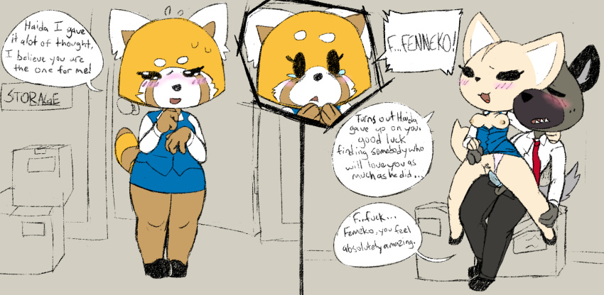 2019 4_fingers aggressive_retsuko ailurid anthro areola balls beady_eyes blush bodily_fluids bottomwear breasts brown_body brown_fur canid canine close-up clothed clothing clothing_aside comic condom dialogue english_text erection eyelashes eyes_closed female female_on_top female_penetrated fennec fenneko fernut fingers footwear fox fur genitals group haida hand_holding hand_on_hip hi_res hyaenid inside male male/female male_penetrating mammal multicolored_body multicolored_fur narrowed_eyes necktie nipples on_top open_mouth open_pants open_shirt orange_body orange_fur panties panties_aside pants partially_clothed penetration pubes pussy red_panda retsuko sanrio sex sexual_barrier_device sharp_teeth shirt shoes sitting skirt smile speech_bubble spotted_hyena standing sweat sweatdrop tan_body tan_fur tears teeth text tongue topwear underwear underwear_aside vaginal vaginal_penetration wearing_condom white_body white_fur