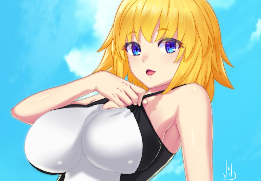 1girl bangs bare_shoulders black_swimsuit blonde_hair blue_eyes blue_sky blush breasts cleavage fate/grand_order fate_(series) highres jeanne_d'arc_(fate) jeanne_d'arc_(fate)_(all) large_breasts looking_at_viewer one-piece_swimsuit open_mouth short_hair sky swimsuit two-tone_swimsuit vibncent white_swimsuit