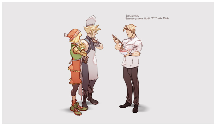 1girl 2boys apron arms_(game) beanie black_eyes black_legwear black_shirt blonde_hair bowl chef_uniform chopsticks cloud_strife eating english_text final_fantasy final_fantasy_vii gordon_ramsay green_footwear grey_background hat highres leggings legwear_under_shorts meme min_min_(arms) multiple_boys nin_nakajima orange_headwear orange_shorts pantyhose real_life shirt shoes shorts simple_background sleeveless sleeveless_shirt sneakers super_smash_bros. turtleneck