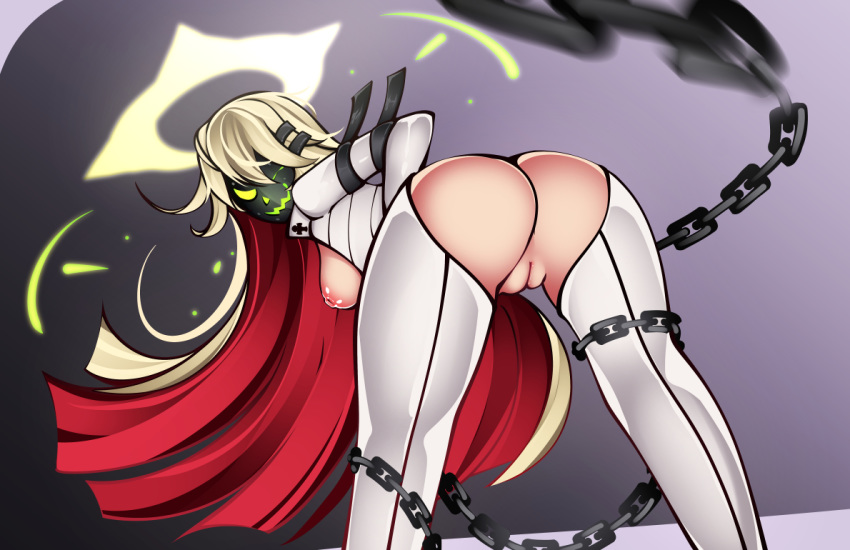 1girl adapted_costume anus_peek arm_strap ass backless_pants ball_and_chain_restraint bent_over blonde_hair breasts breasts_outside chain from_behind glowing glowing_eyes glowing_mouth green_eyes guilty_gear guilty_gear_xrd halo jack-o'_valentine long_hair looking_at_viewer looking_back mask medium_breasts multicolored_hair nipples no_panties one_eye_closed pants pussy red_hair reeceyd3 solo straight_hair two-tone_hair uncensored very_long_hair