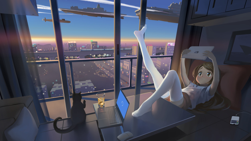 1girl :3 absurdres amigo_(hua_cao) balcony brown_eyes brown_hair building cat cellphone city city_lights cityscape closed_mouth computer condensation_trail couch curtains glass ground_vehicle highres holding holding_tablet_pc indoors laptop lying military military_vehicle mouse_(computer) night on_back original painting_(object) phone pillow road ship shirt short_sleeves shorts sky smartphone solo sunset table tablet_pc thick_eyebrows thighhighs train warship watercraft white_legwear white_shirt window