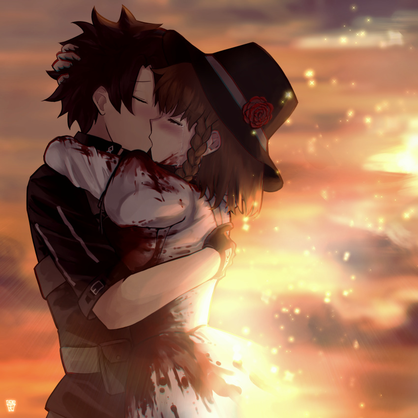 1boy 1girl absurdres black_gloves black_hair black_headwear black_shirt blood blood_on_face bloody_clothes blush brown_hair charlotte_corday_(fate/grand_order) commentary_request crying fate/grand_order fate_(series) flower fujimaru_ritsuka_(male) gloves hand_on_another's_head hat hat_flower hetero highres hug kiss ootato red_flower red_rose rose shirt short_hair short_sleeves sunset upper_body