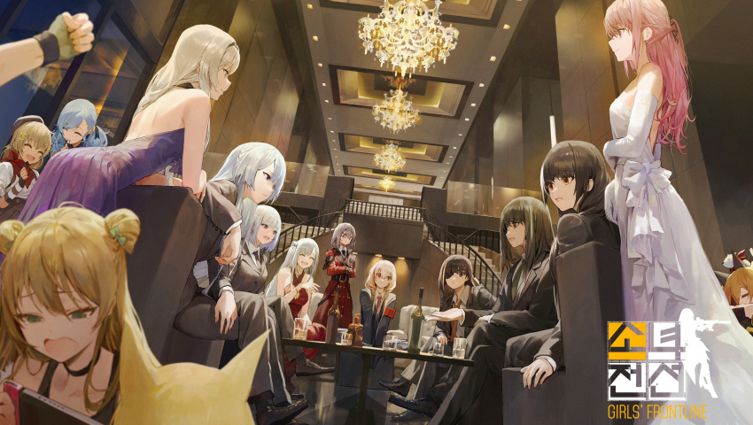 6+girls :d absurdres ahoge ak-12_(girls_frontline) ak-15_(girls_frontline) alcohol an-94_(girls_frontline) armband artist_request backless_dress backless_outfit bangs bare_shoulders black_footwear black_hair black_pants black_suit blazer blonde_hair blue_dress blue_hair bottle braid brown_eyes chair chandelier character_request choker clenched_hand closed_eyes collared_shirt crossed_arms crossed_legs cup dress drinking_glass elbow_gloves evening_gown eyepatch fingerless_gloves formal from_below girls_frontline gloves green_neckwear grey_suit hair_between_eyes hair_bun hair_ribbon hairband halterneck helianthus_(girls_frontline) highres indoors jacket korean_commentary leaning_forward long_dress long_hair looking_at_another m16a1_(girls_frontline) m4a1_(girls_frontline) multicolored_hair multiple_girls official_art open_mouth pant_suit pants pink_hair purple_eyes red_dress red_neckwear rfb_(girls_frontline) ribbon ro635_(girls_frontline) rpk-16_(girls_frontline) shirt silver_hair sitting smile spas-12_(girls_frontline) stairs standing streaked_hair suit swept_bangs table talking white_dress window