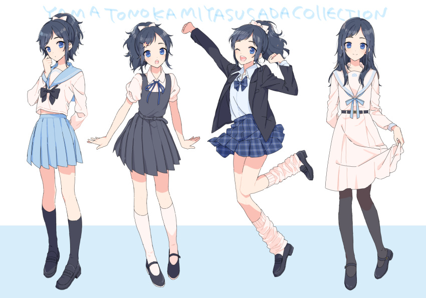 1boy :o ;d black_hair black_legwear blazer blue_eyes character_name collared_shirt crossdressing dress hair_down hair_ornament hairpin highres jacket kneehighs loafers loose_socks male_focus mary_janes mole mole_under_eye neck_ribbon one_eye_closed open_mouth otoko_no_ko pantyhose pinafore_dress plaid plaid_skirt pleated_skirt plico_(nicoma) ponytail ribbon sailor_dress school_uniform serafuku shirt shoes skirt smile touken_ranbu white_legwear yamato-no-kami_yasusada