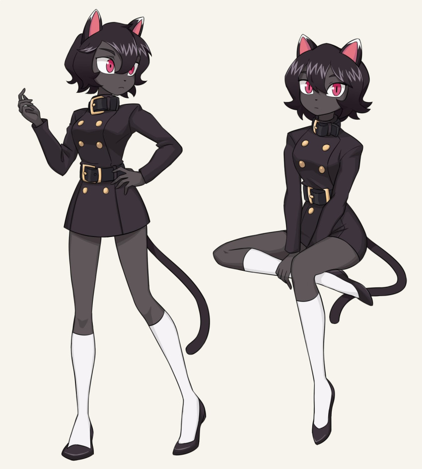 2020 anthro black_body black_fur button_(fastener) clothing domestic_cat felid feline felis female flowerimh fur hair hi_res mammal military_uniform pink_eyes short_hair simple_background solo uniform white_background