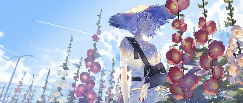 1girl absurdres arm_sling bandaged_arm bandages bangs cigarette cloud condensation_trail eyepatch flower hat highres holding hollyhock kurohal lamppost original outdoors plant red_flower short_hair silver_eyes silver_hair sky smoking solo straw_hat tank_top white_flower