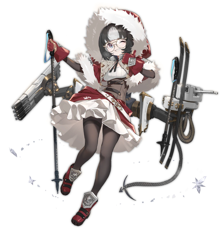 1girl ;d azur_lane bangs black_hair black_legwear black_neckwear blue_eyes blush breasts brown_corset capelet eskimo_(azur_lane) eyebrows_visible_through_hair fur-trimmed_capelet fur_trim glasses gloves gradient gradient_background highres ice_crystal long_sleeves looking_at_viewer multicolored_hair neck_ribbon official_art one_eye_closed open_mouth pantyhose red_capelet red_footwear red_gloves ribbon round_eyewear shadow shisantian short_hair ski_pole small_breasts smile solo teeth torpedo_tubes transparent_background turret two-tone_dress white_hair