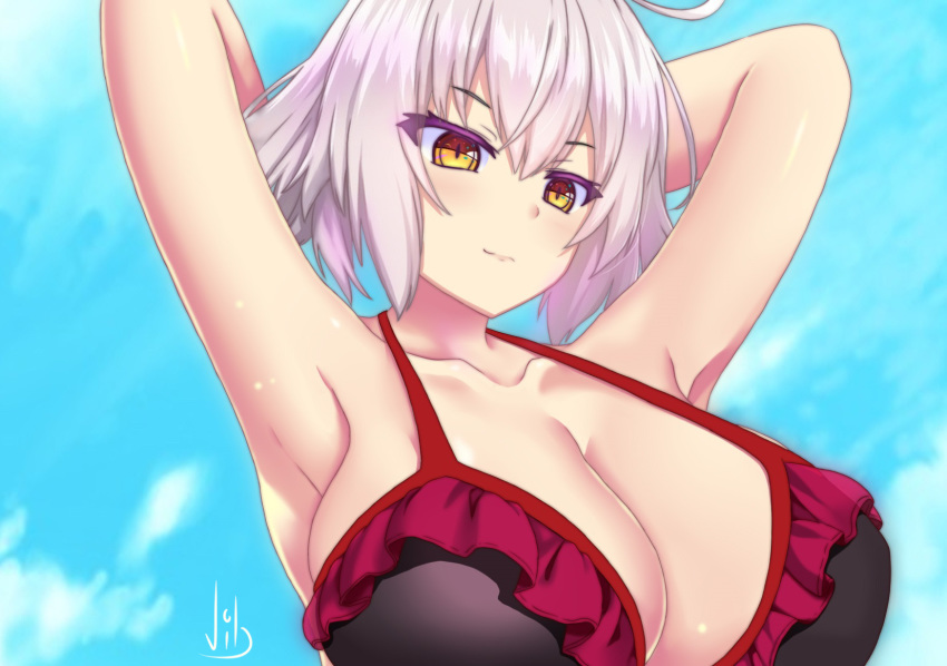 1girl ahoge armpits arms_behind_head arms_up bangs bare_shoulders bikini black_bikini blush breasts cleavage closed_mouth collarbone fate/grand_order fate_(series) highres jeanne_d'arc_(alter)_(fate) jeanne_d'arc_(fate)_(all) large_breasts looking_at_viewer short_hair silver_hair swimsuit vibncent yellow_eyes